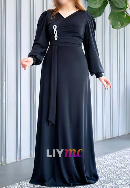 V-Neck Long Sleeves Sleek A-Line Mother of Bride Dress