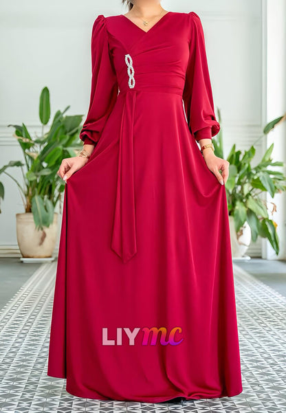 V-Neck Long Sleeves Sleek A-Line Mother of Bride Dress