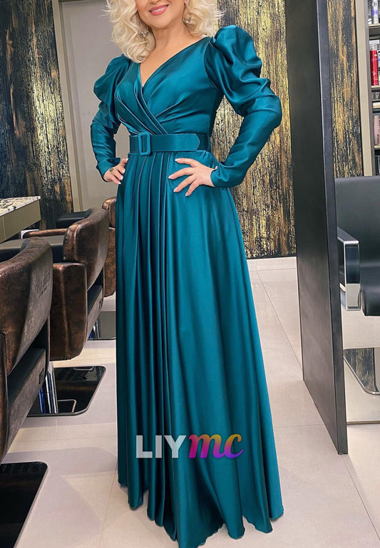 V-Neck Long Sleeves Sleek A-Line Mother of Bride Dress