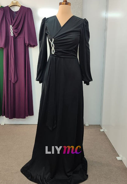 V-Neck Long Sleeves Sleek A-Line Mother of Bride Dress