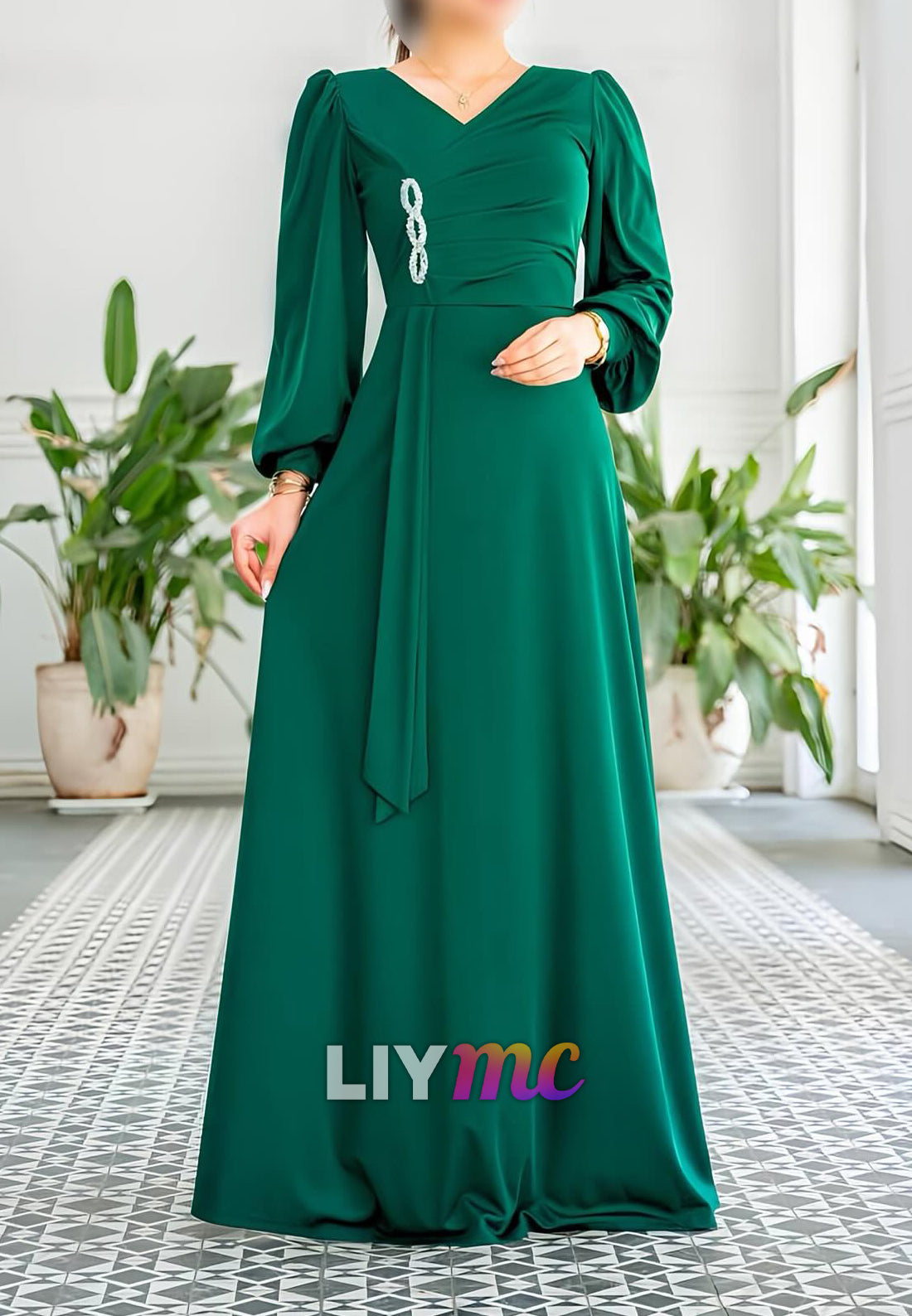 V-Neck Long Sleeves Sleek A-Line Mother of Bride Dress