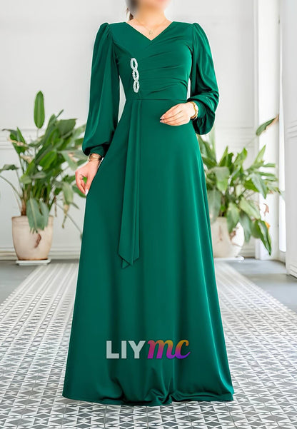 V-Neck Long Sleeves Sleek A-Line Mother of Bride Dress