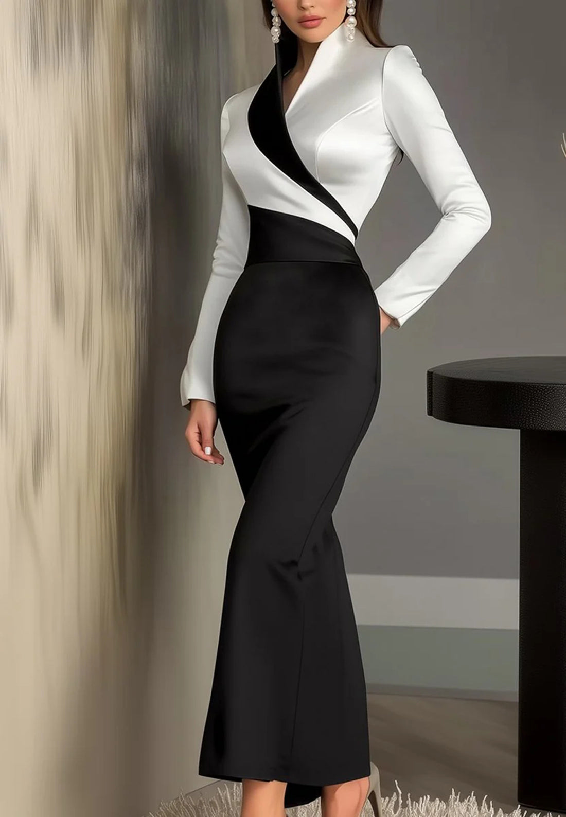 V-Neck Long Sleeves Sleek Mermaid Work Dress