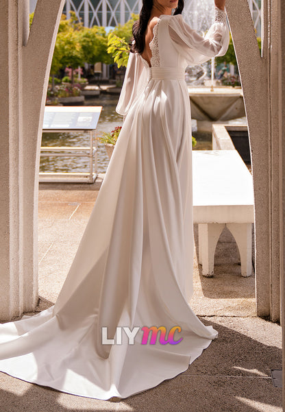 V-Neck Long Sleeves Sleek Pleated A-Line Wedding Dress