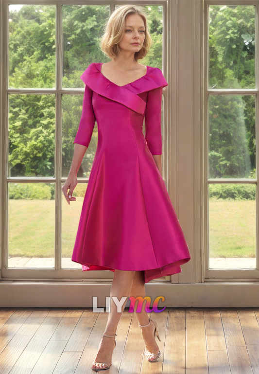 V-Neck Long Sleeves Sleek Pleated Satin Knee-Length Mother of Bride Dress