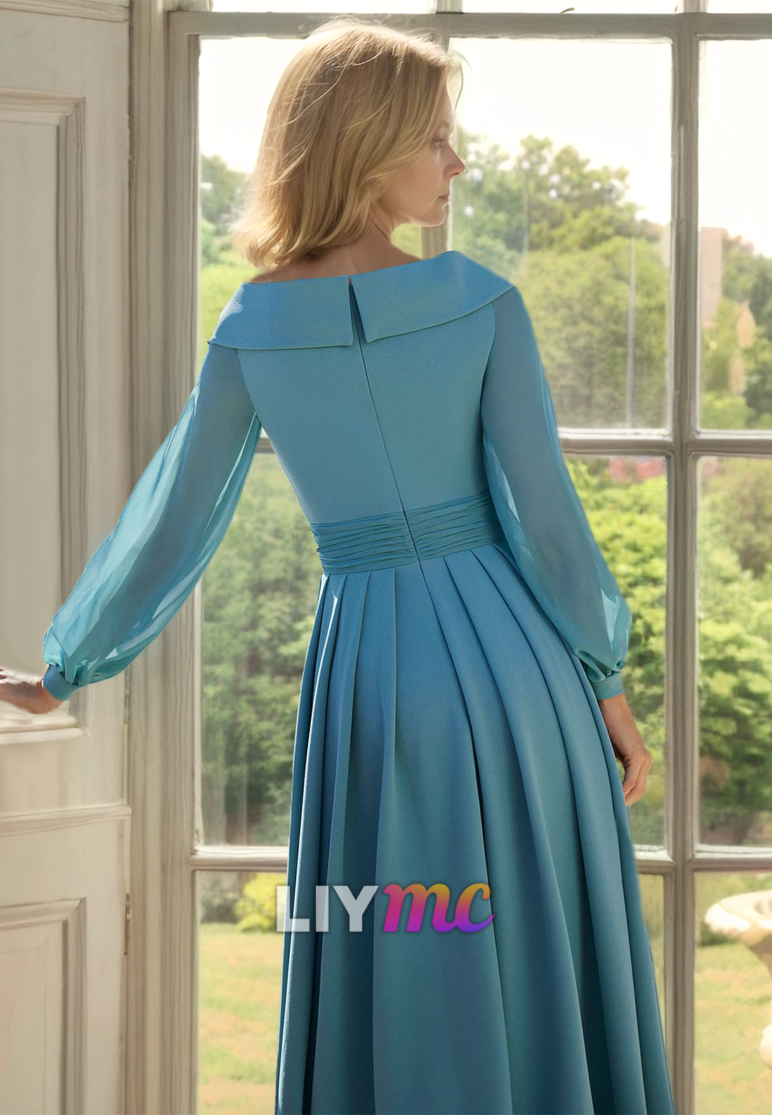 V-Neck Long Sleeves Sleek Pleated Sheath Mother of Bride Dress