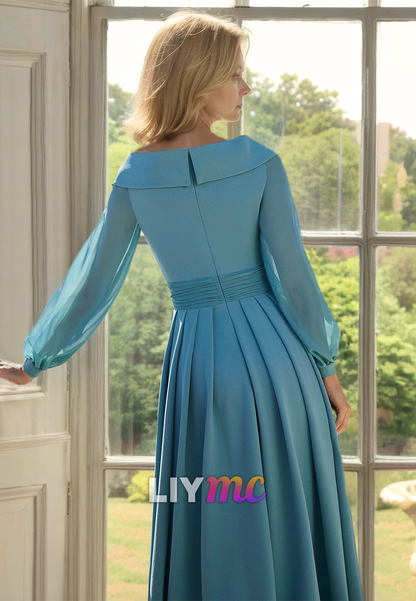 V-Neck Long Sleeves Sleek Pleated Sheath Mother of Bride Dress