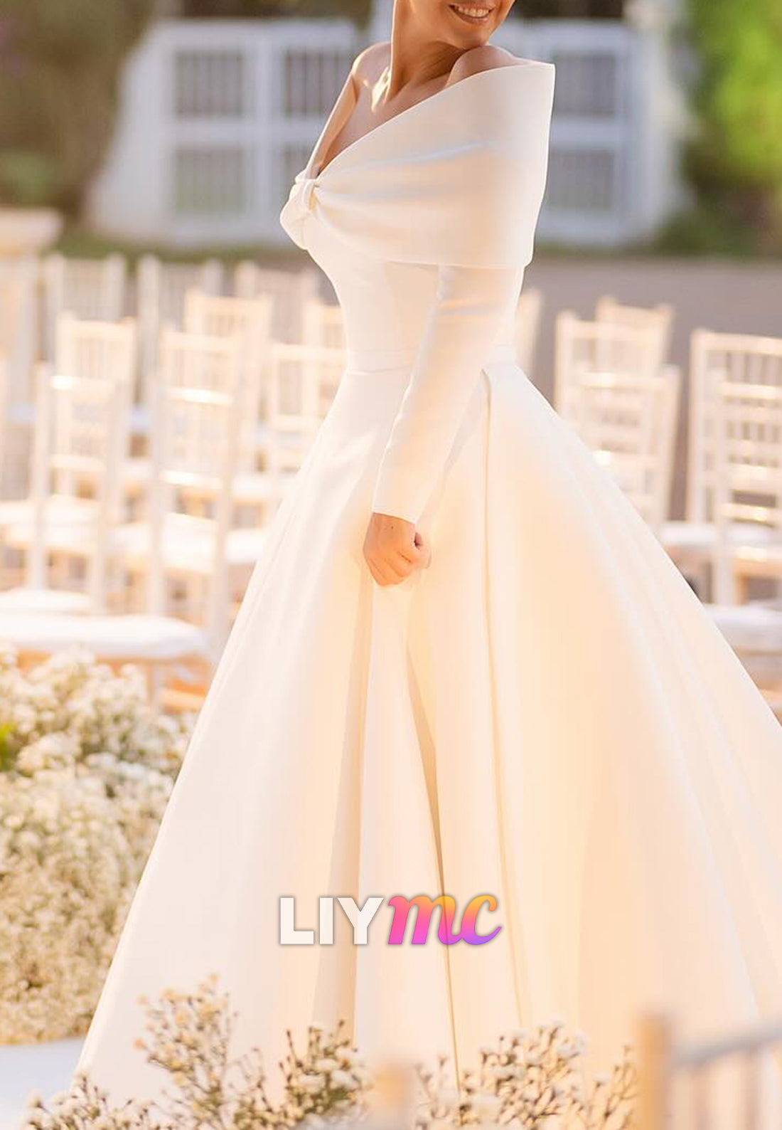 V-Neck Long Sleeves Sleek Satin A-Line Wedding Dress
