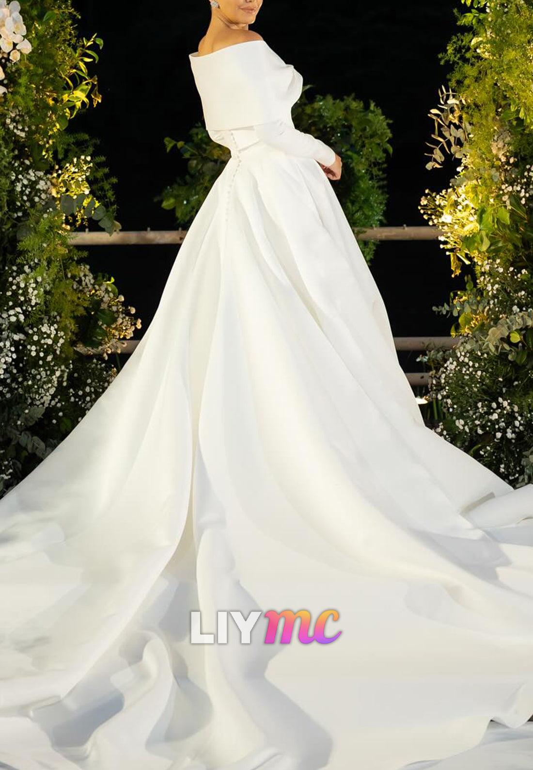 V-Neck Long Sleeves Sleek Satin A-Line Wedding Dress