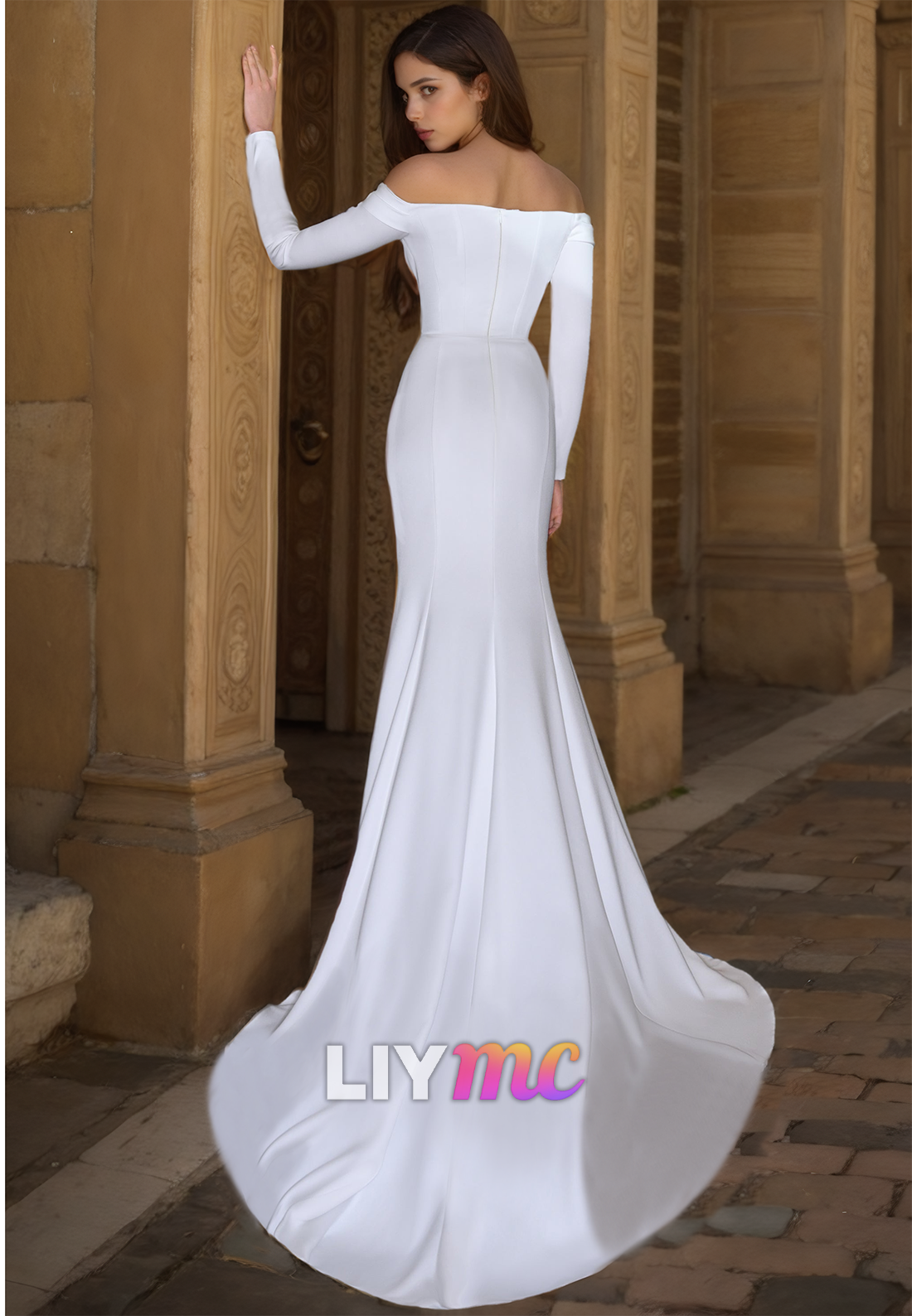 V-Neck Long Sleeves Sleek Satin Mermaid Beach Wedding Dress