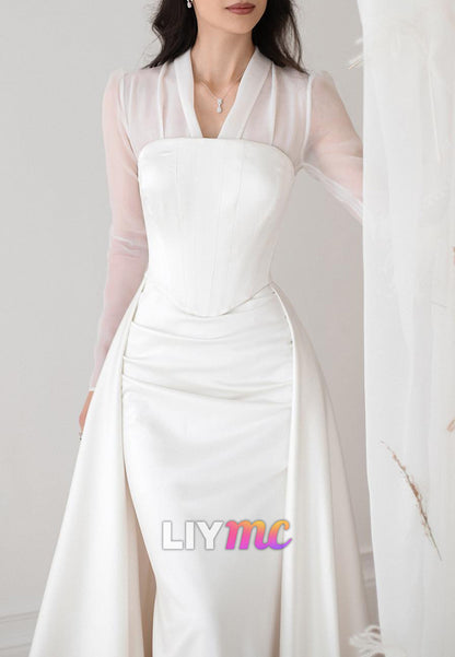 V-Neck Long Sleeves Sleek Satin Mermaid Wedding Dress