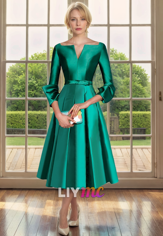 V-Neck Long Sleeves Sleek Satin Pleated A-Line Mother of Bride Dress Cocktail Dress