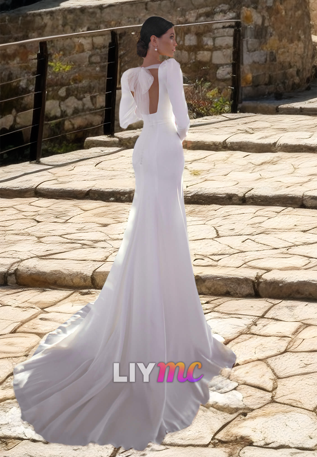 V-Neck Long Sleeves Sleek Satin Pleated Mermaid Wedding Dress