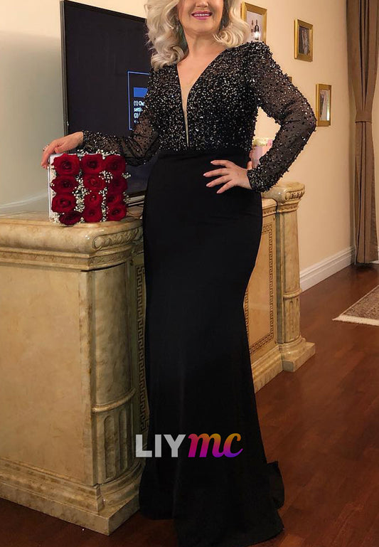 V-Neck Long Sleeves Sparkly Mermaid Mother of Bride Dress