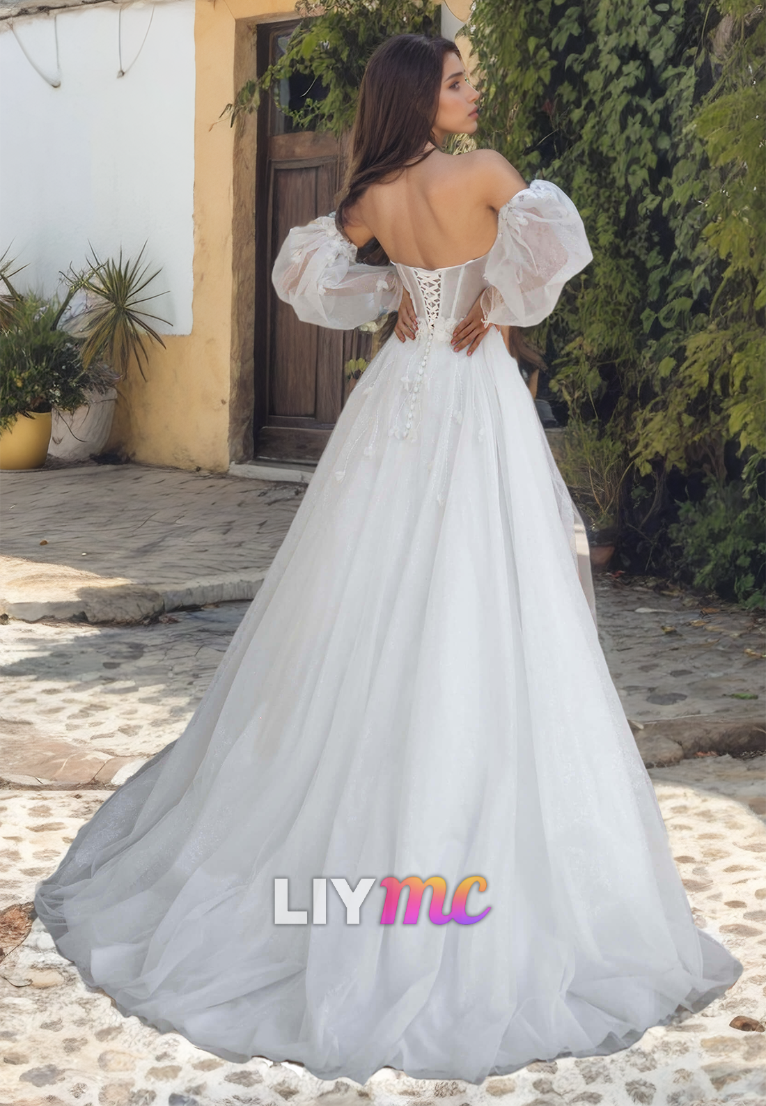 V-Neck Long Sleeves Tulle Floral Embellished A-Line Wedding Dress