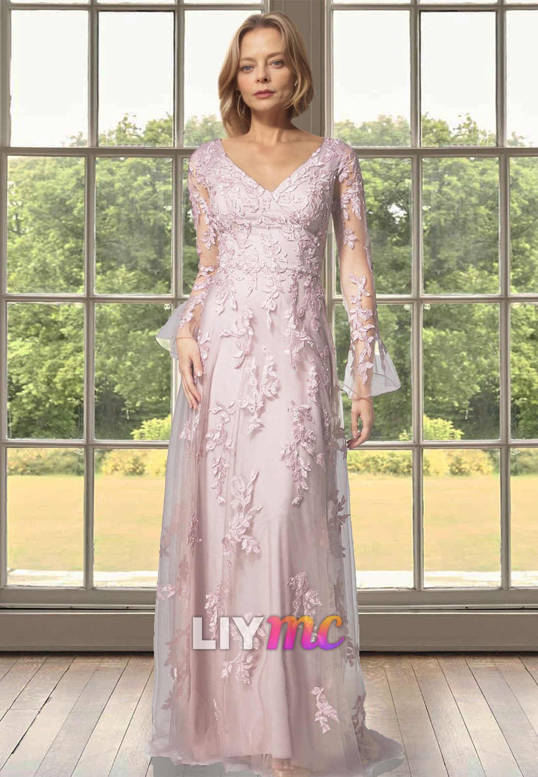 V-Neck Long Sleevess Appliques A-Line Mother of Bride Dress