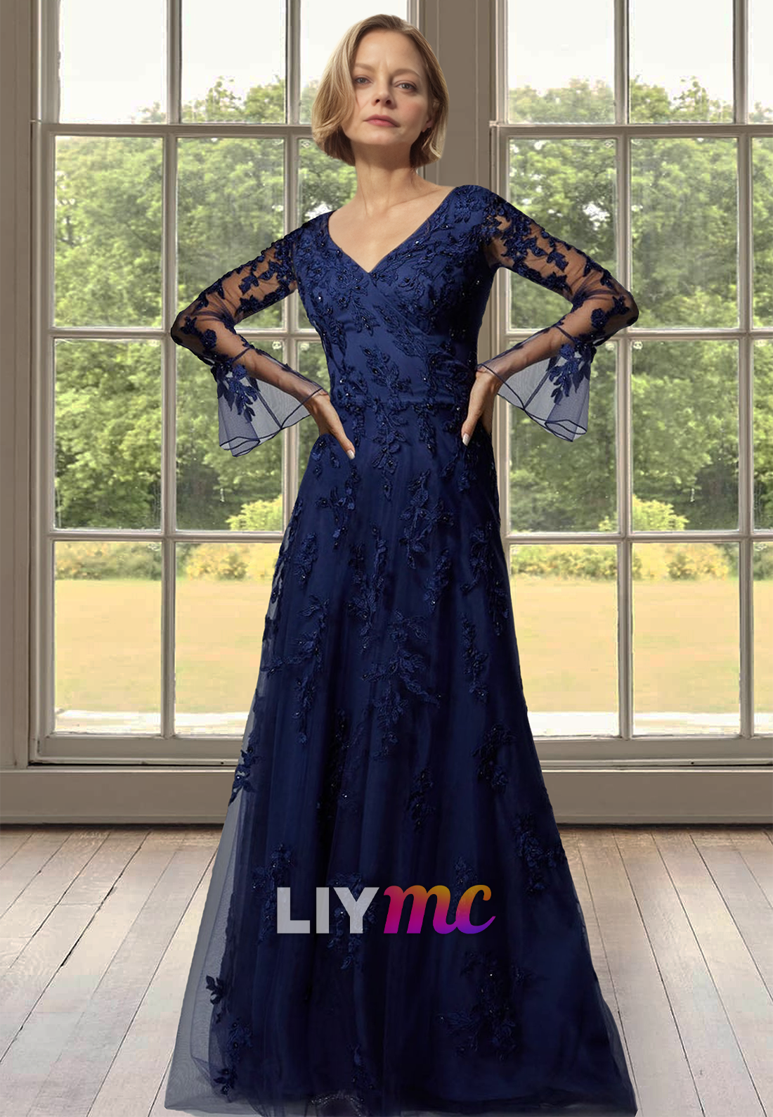 V-Neck Long Sleevess Appliques A-Line Mother of Bride Dress