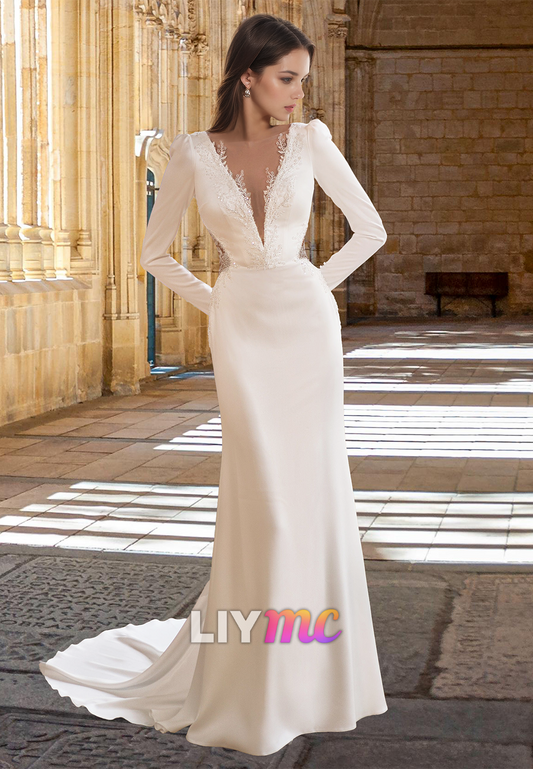 V-Neck Long Sleevs Appliques Sleek Mermaid Wedding Dress