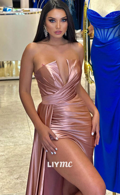 LP1306 - V-Neck Mermaid Sleek Satin Pleats High Slit Long Prom Dress