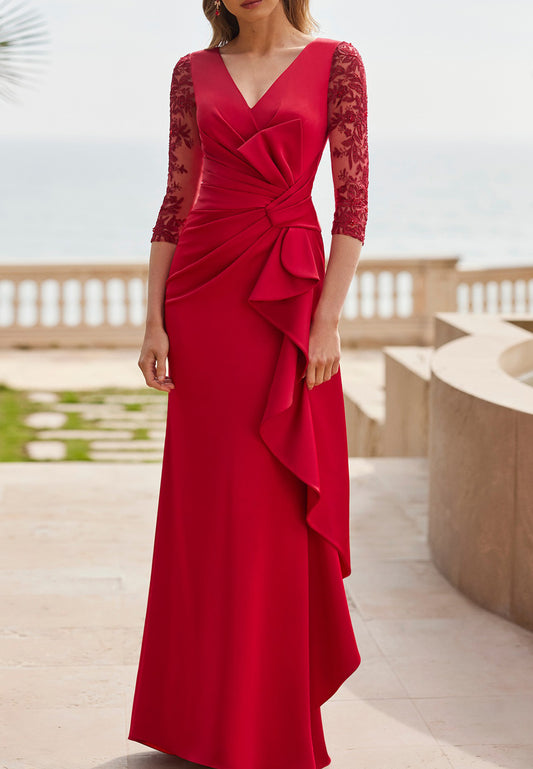V-Neck Neck Long Sleeveless Appliques Ruffled Sheath Mother of Bride Dress
