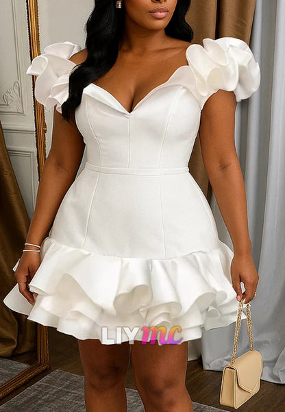 V-Neck Off Shoulder Ruffle Cinch Party Mini Dress