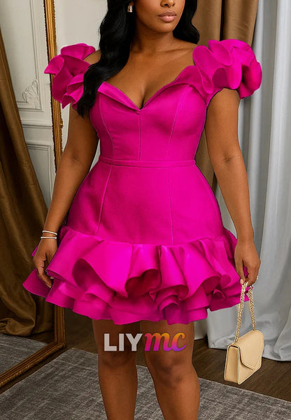 V-Neck Off Shoulder Ruffle Cinch Party Mini Dress