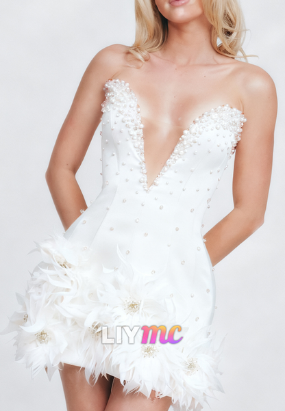 V-Neck Pearl Floral Embellished A-Line Short Wedding Dress