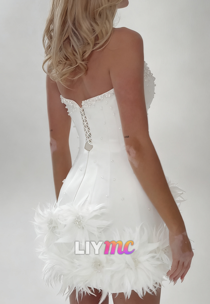 V-Neck Pearl Floral Embellished A-Line Short Wedding Dress