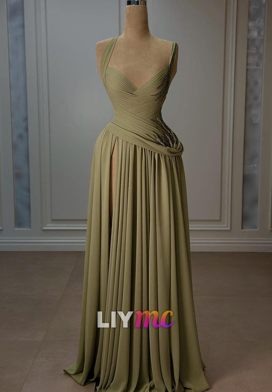 V-Neck Pleated Beaded Side Slit A-Line Evening Dress