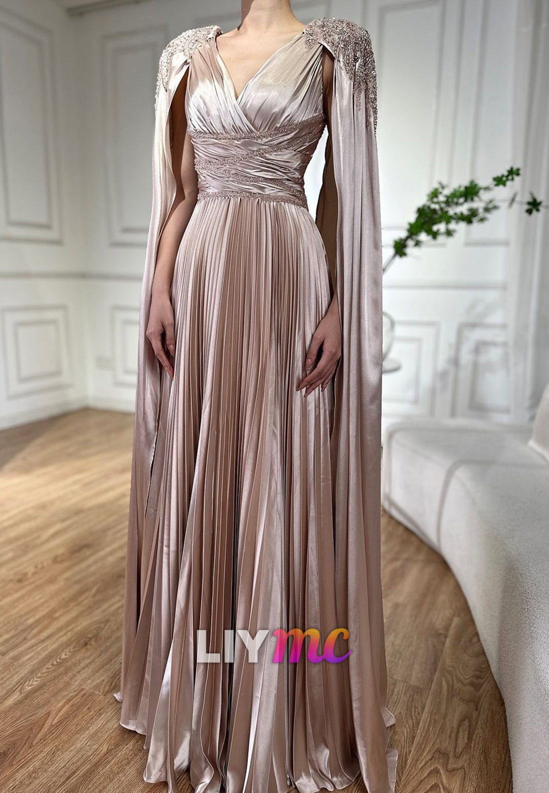V-Neck Pleated Long Sleeves Beaded A-Line Evening Dress