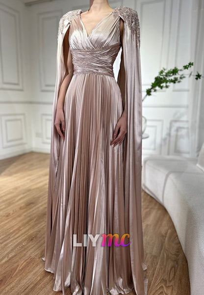 V-Neck Pleated Long Sleeves Beaded A-Line Evening Dress