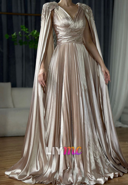 V-Neck Pleated Long Sleeves Beaded A-Line Evening Dress