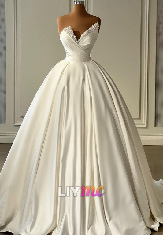 V-Neck Pleated Pearl Sleeveless A-Line Wedding Dress