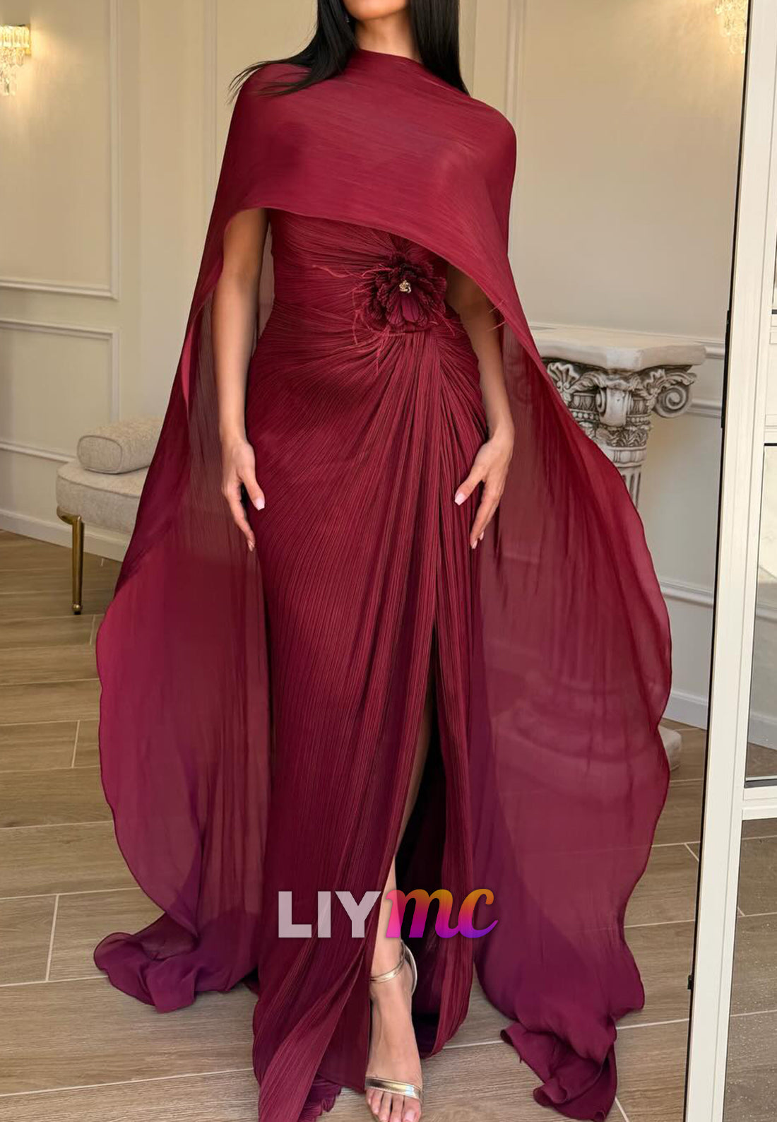 V-Neck Pleated Side Slit Sheath Evening Dress