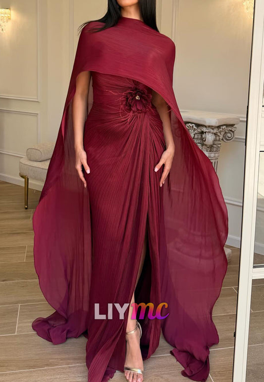 V-Neck Pleated Side Slit Sheath Evening Dress