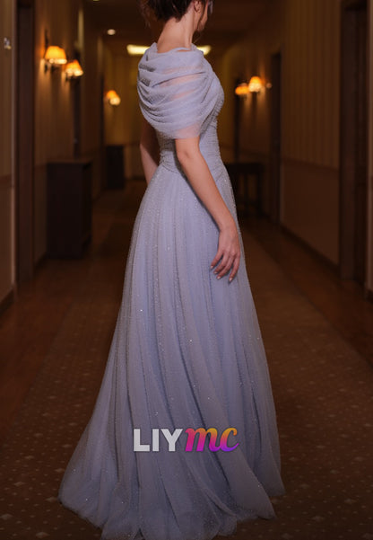 V-Neck Pleated Tulle Straps A-Line Lilac Prom Dress