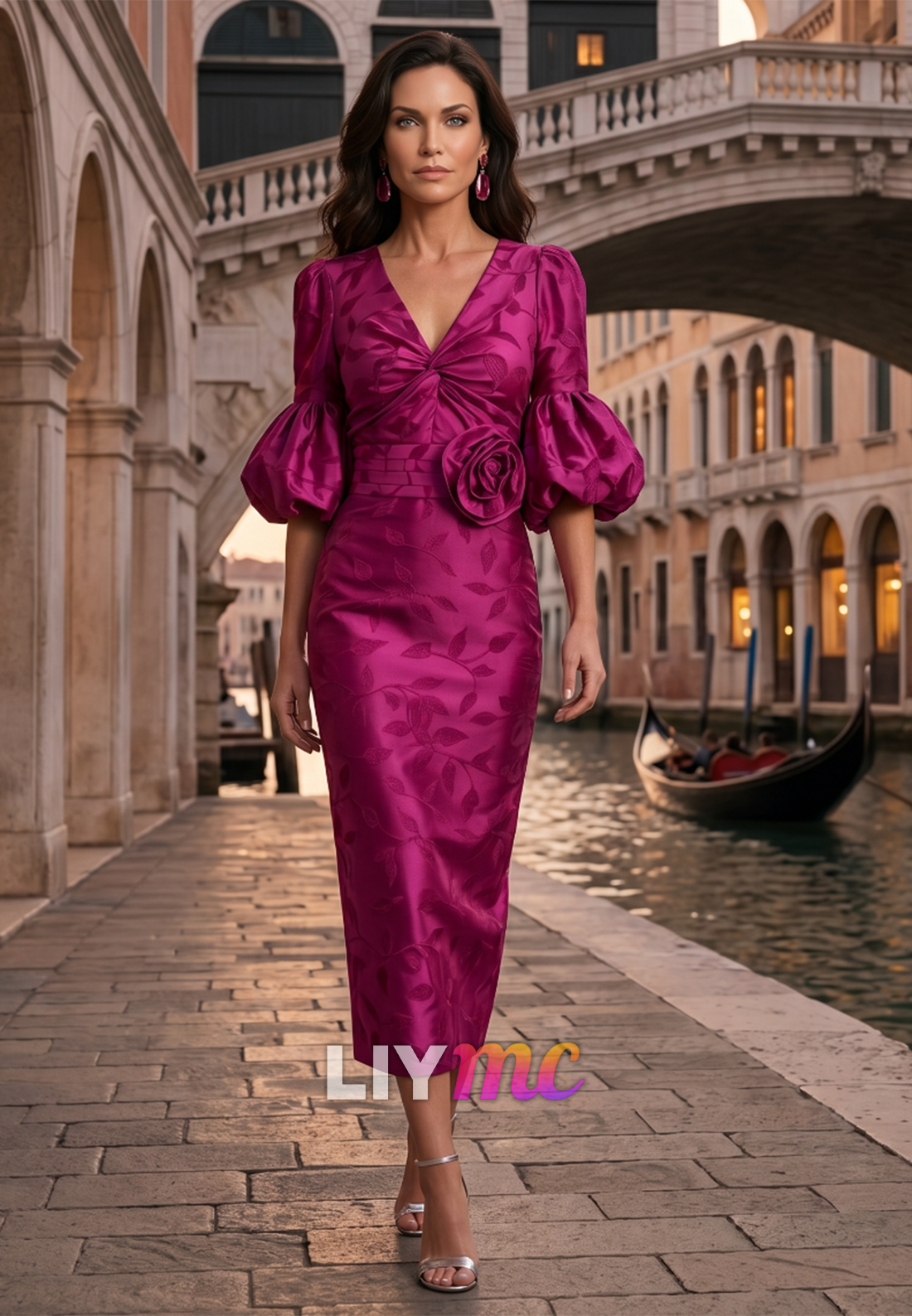 V-Neck Puff Sleeves Floral Printed Sheath Mother of Bride Dress