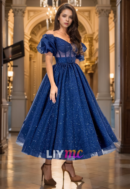 V-Neck Puff Sleeves Pleated A-Line Sparkly Prom Dress