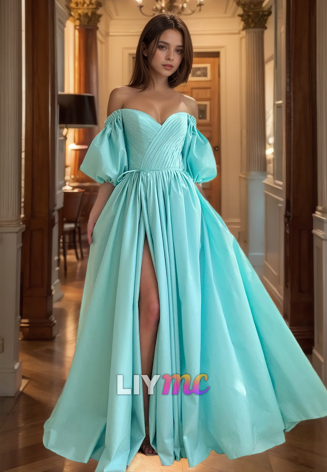 V-Neck Puff Sleeves Pleated Satin A-Line Prom Dress