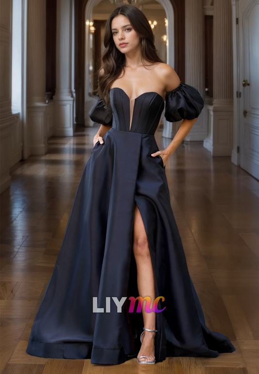 V-Neck Puff Sleeves Pleated Satin A-Line Prom Dress