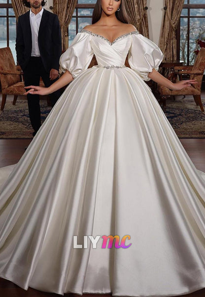 V-Neck Puff Sleeves Pleated Satin A-Line Wedding Dress