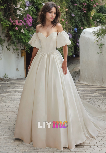 V-Neck Puff Sleeves Pleated Sleek A-Line Wedding Dress