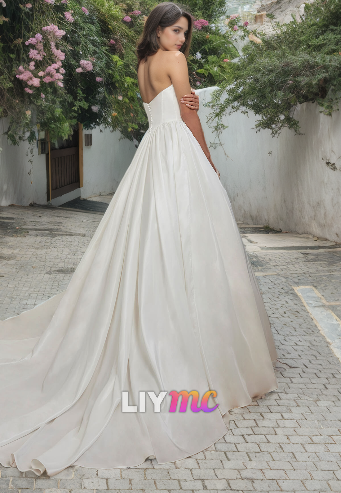 V-Neck Puff Sleeves Pleated Sleek A-Line Wedding Dress