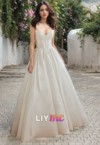 V-Neck Puff Sleeves Pleated Sleek A-Line Wedding Dress