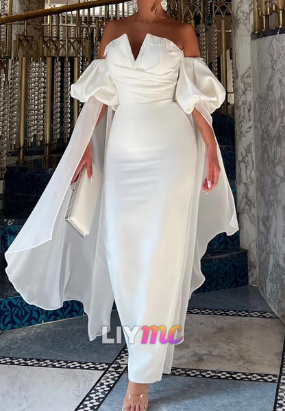 V-Neck Puff Sleeves Sleek Mermaid Evening Dress