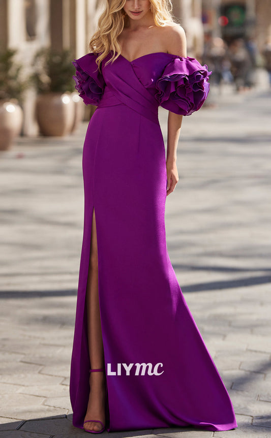 M1288 - V-Neck Puff Sleeves Sleek Satin Side Slit Mother of Bride Dress Cocktail Dress