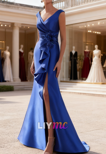 V-Neck Ruffles Floral Embellished Mermaid Mother of Bride Dress