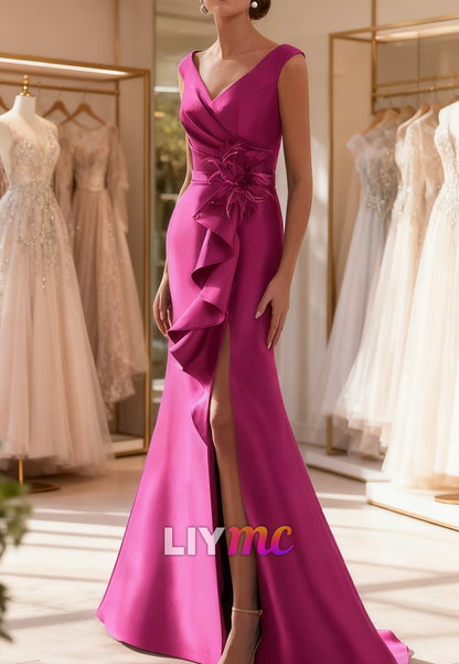 V-Neck Ruffles Floral Embellished Mermaid Mother of Bride Dress