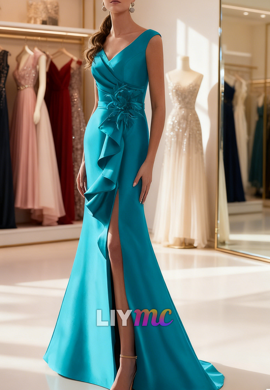 V-Neck Ruffles Floral Embellished Mermaid Mother of Bride Dress