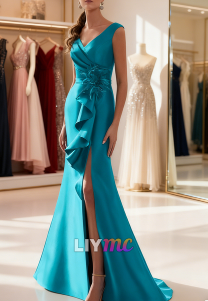 V-Neck Ruffles Floral Embellished Mermaid Mother of Bride Dress